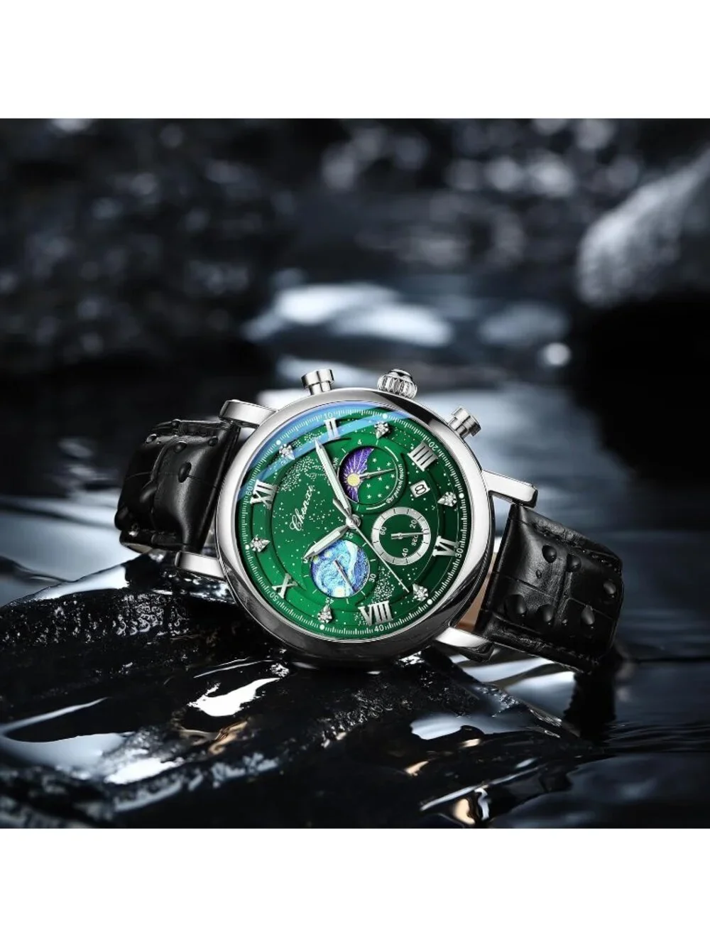 Men's Silver Green Leather Multifunctional Military Analog Chronograph Watch